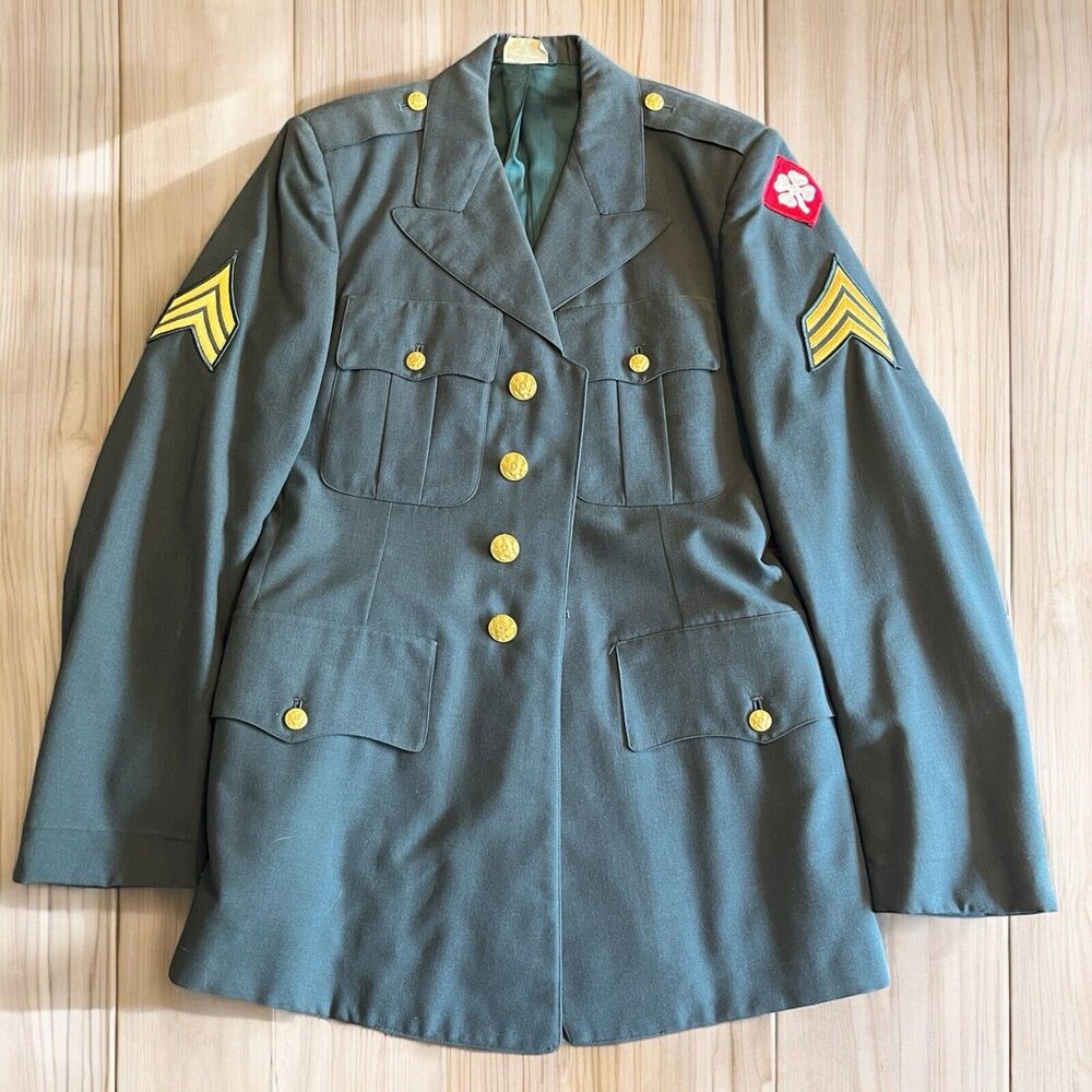 Vintage US Military Army Green Coat Dress Wool Jacket 4th Army Seargent Patches
